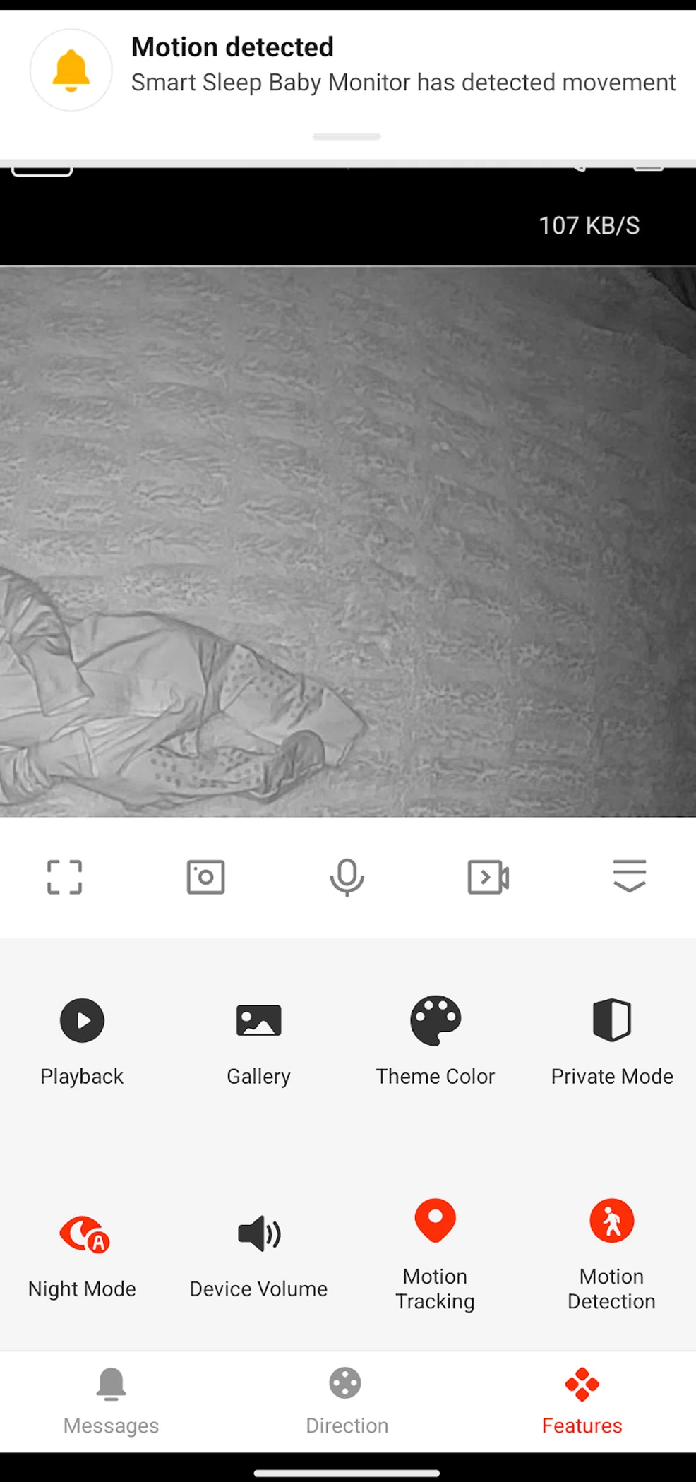 Motion-detected notification from the Delta Children Smart Sleep Baby Monitor app