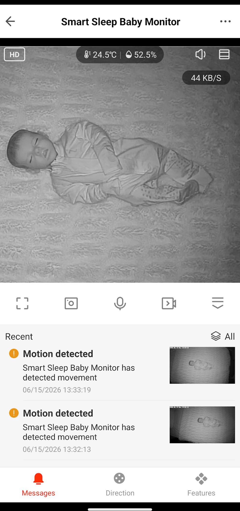 Motion-alert history list in the Delta Children Smart Sleep mobile app