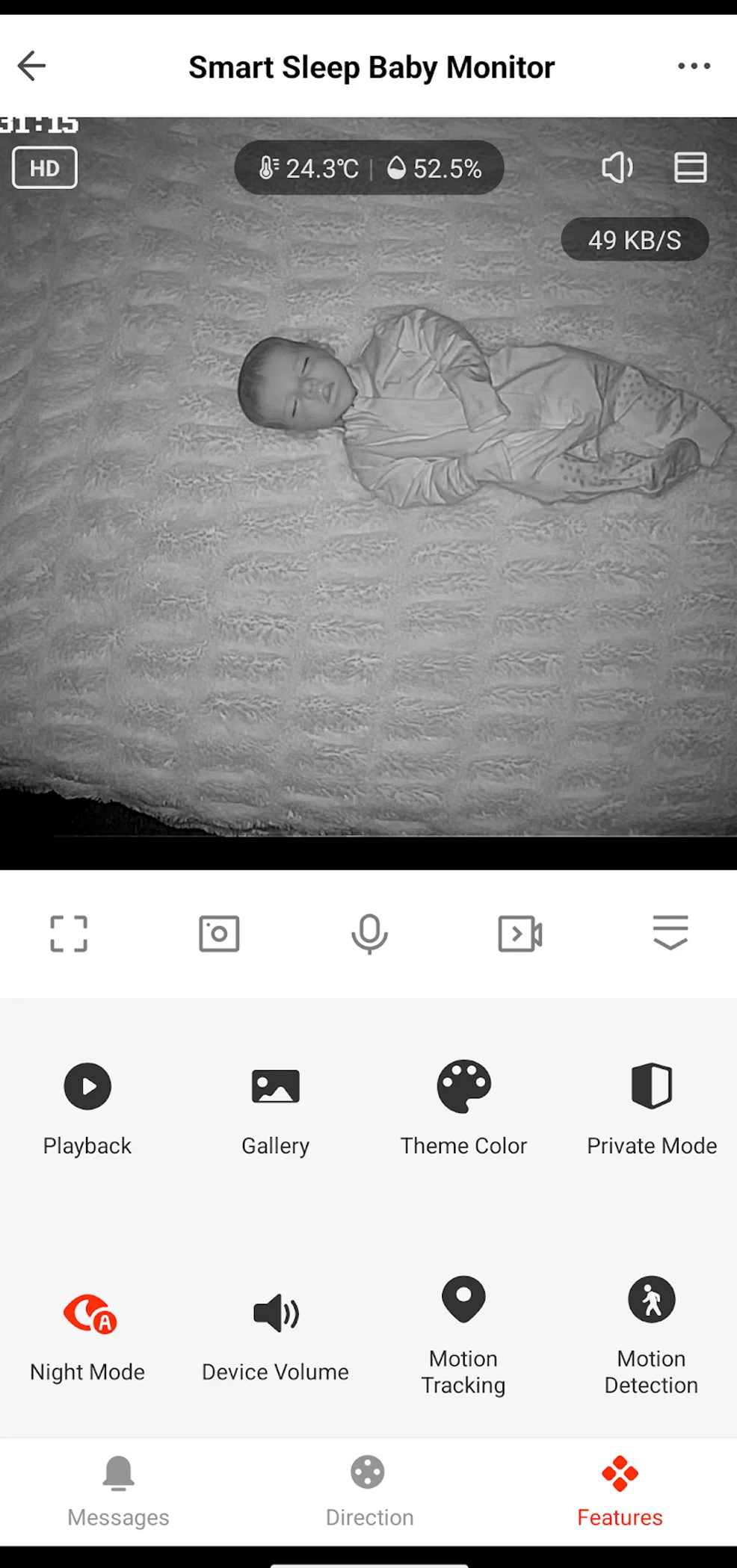 Delta Children Connect app showing Smart Sleep Baby Monitor night-view controls and features