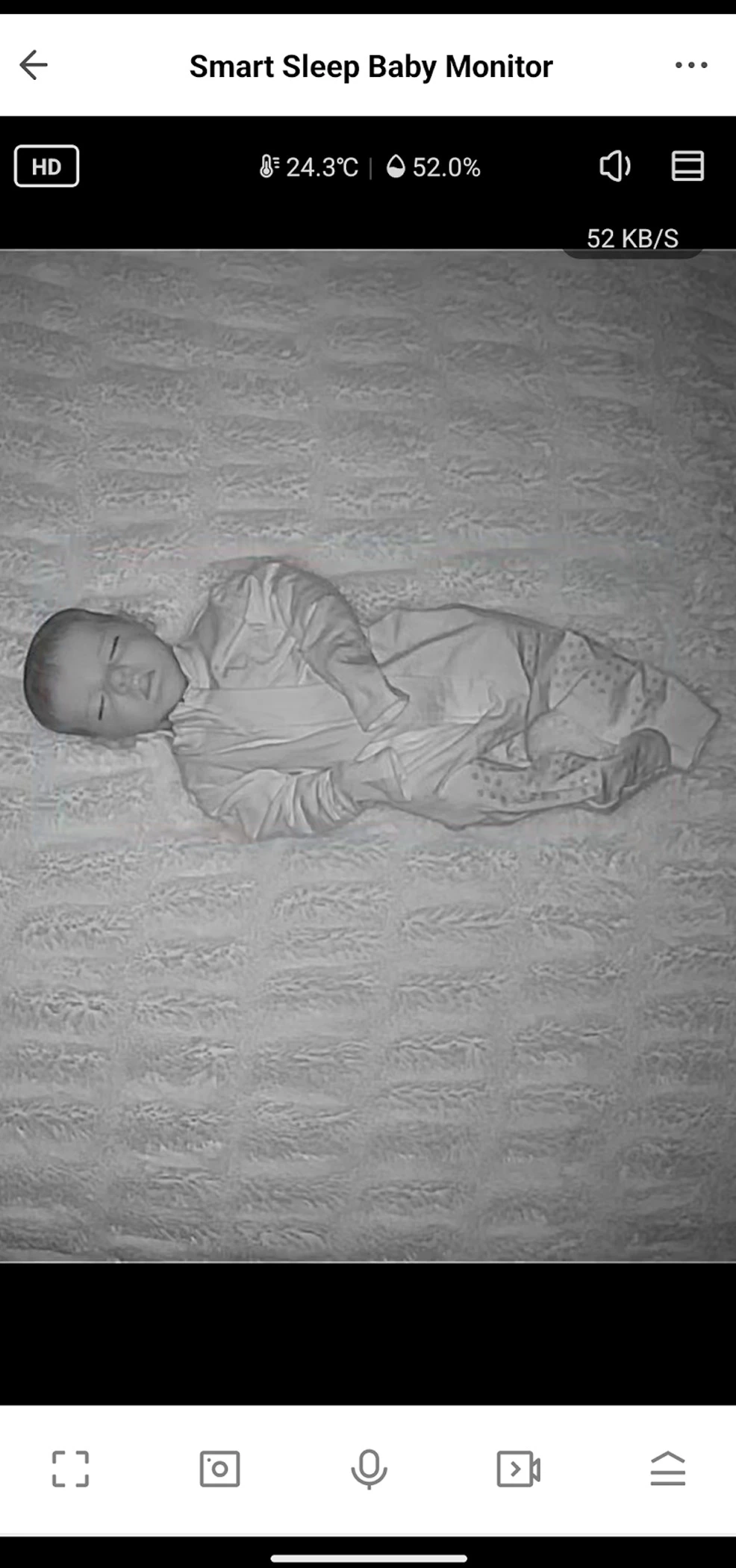 Zoomed infrared night image in the Delta Children Smart Sleep app showing minimal distortion