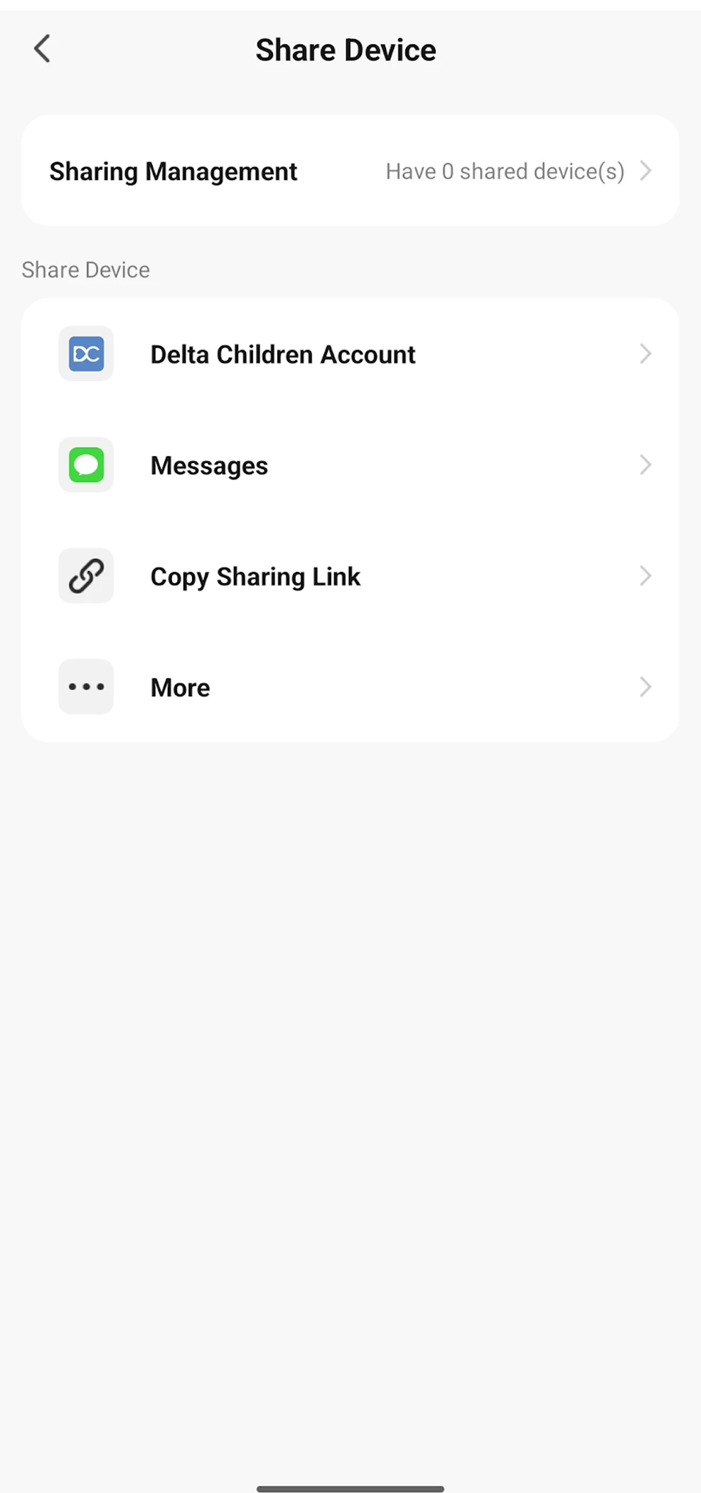 Sharing options in the Delta Children Smart Sleep app including account text and link sharing