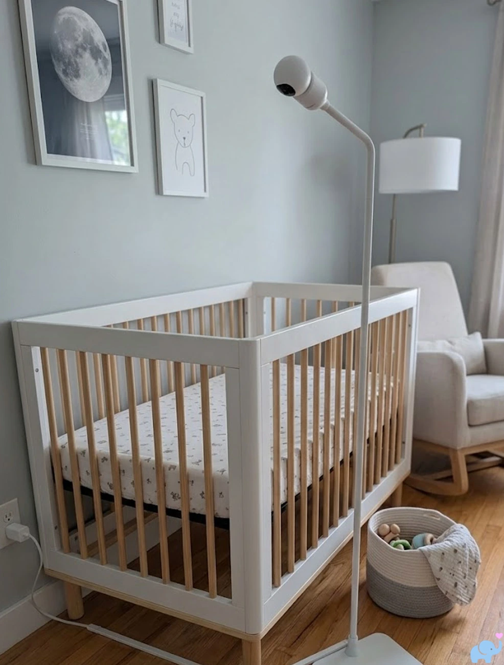 Assembled Delta Children Smart Sleep tower positioned behind a crib in a nursery