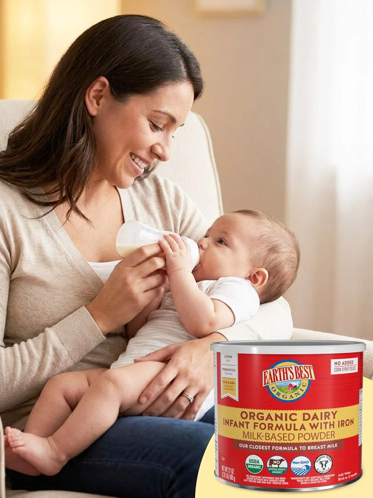 earths best organic infant formula with mom bottle feeding a baby in a nursery chair