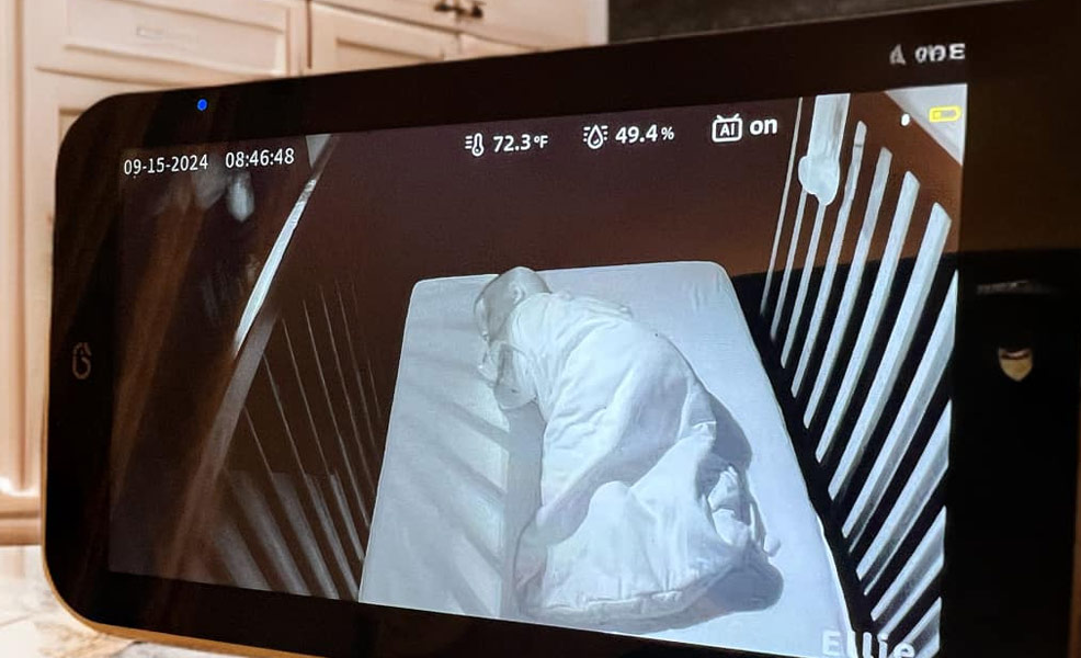 toddler sleeping face down in crib with ellie baby plus monitor zoomed out