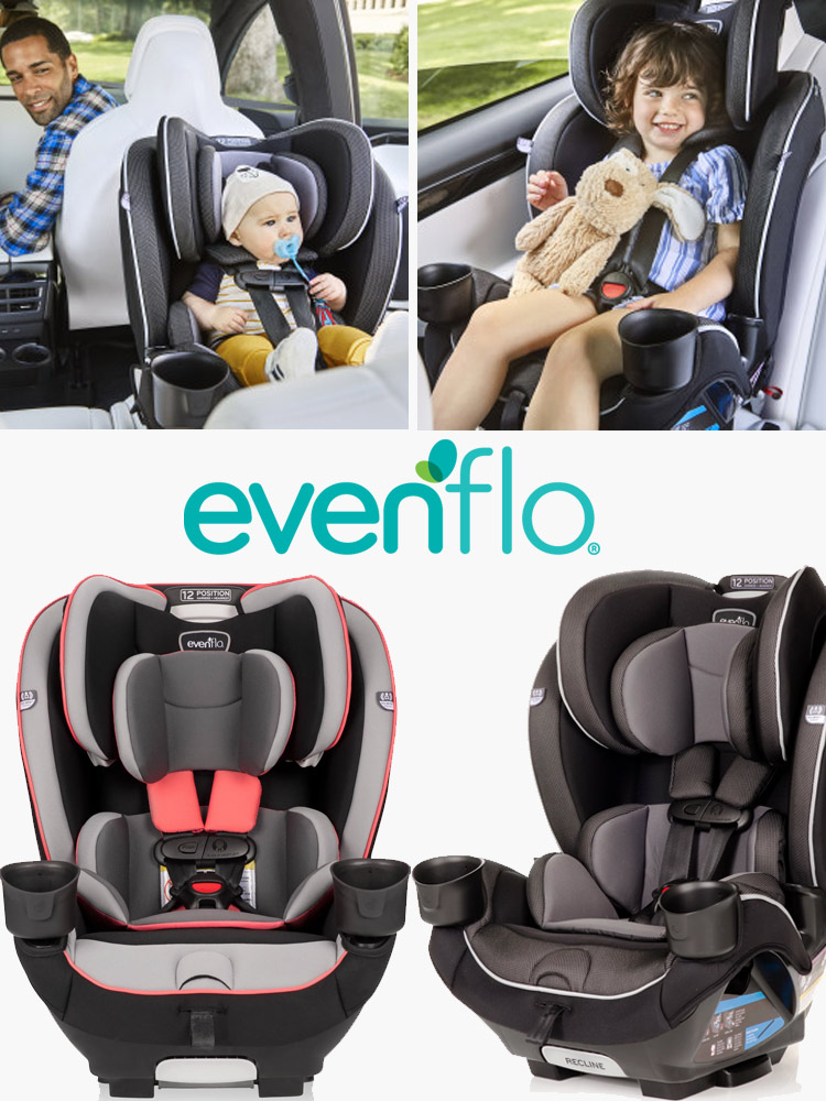 assorted colors and seating positions of the evenflo everyfit car seat