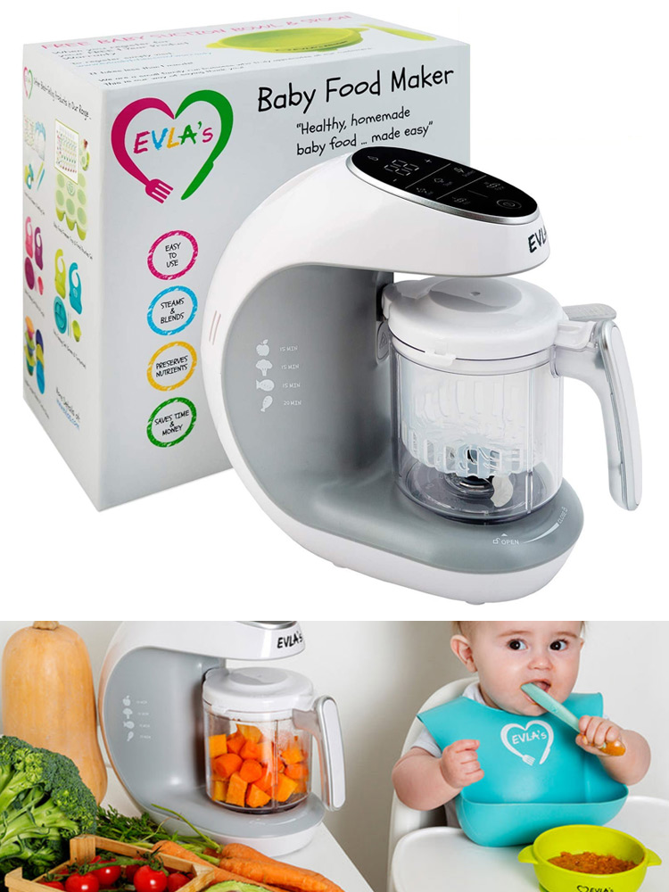 the evlas baby food maker with fruits and vegetables and a baby eating a puree
