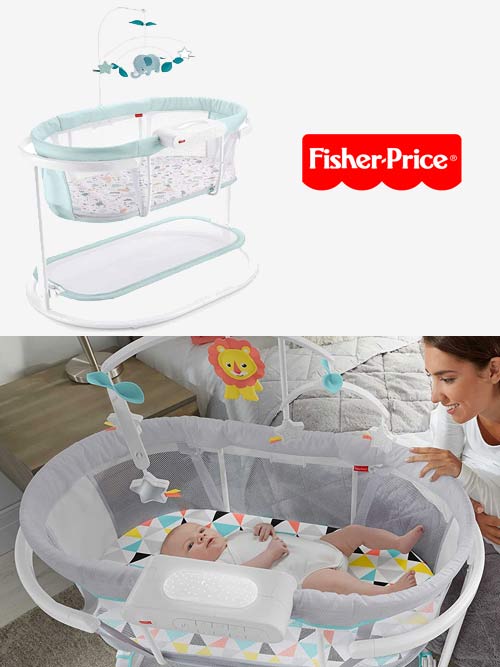 mom looking into the fisher price soothing motions bassinet with baby inside looking at mobile