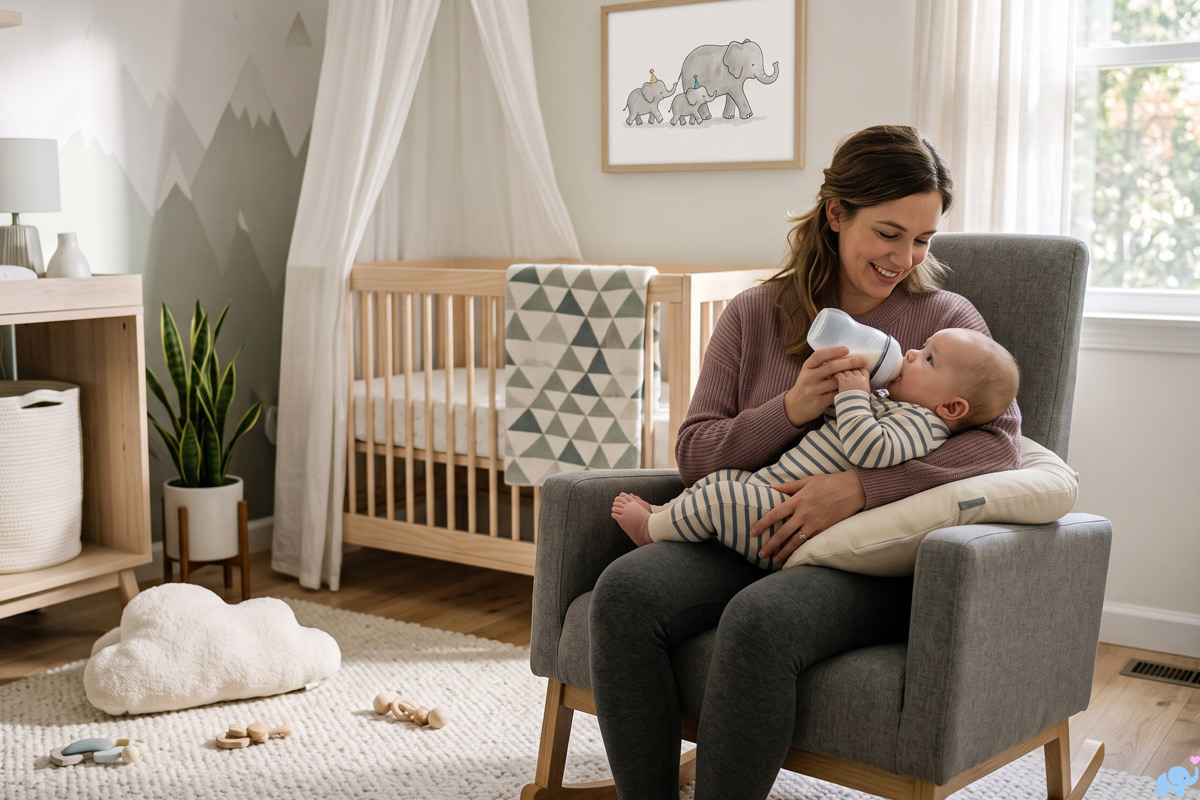 mom sitting in a nursery bottle feeding her baby with gentle baby formula