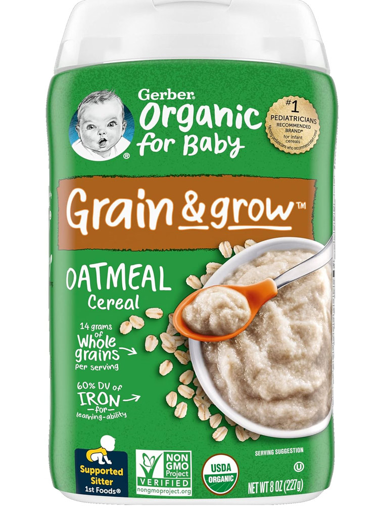 a canister of gerber organic baby cereal
