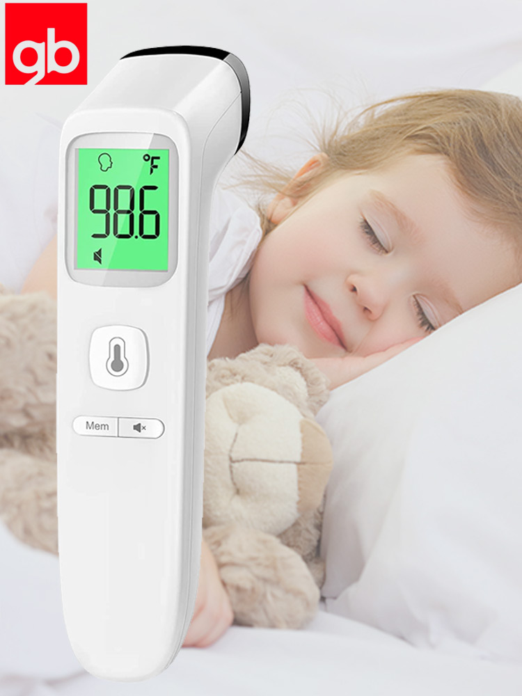 a sleeping baby alongside the goodbaby infrared forehead thermometer