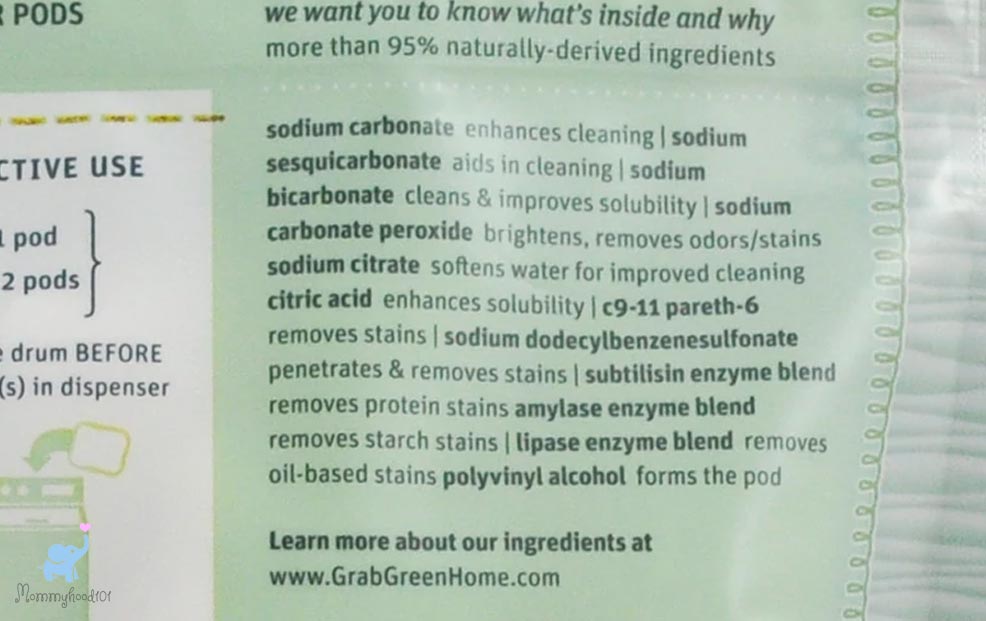 ingredient list of grab green fragrance free laundry detergent pods