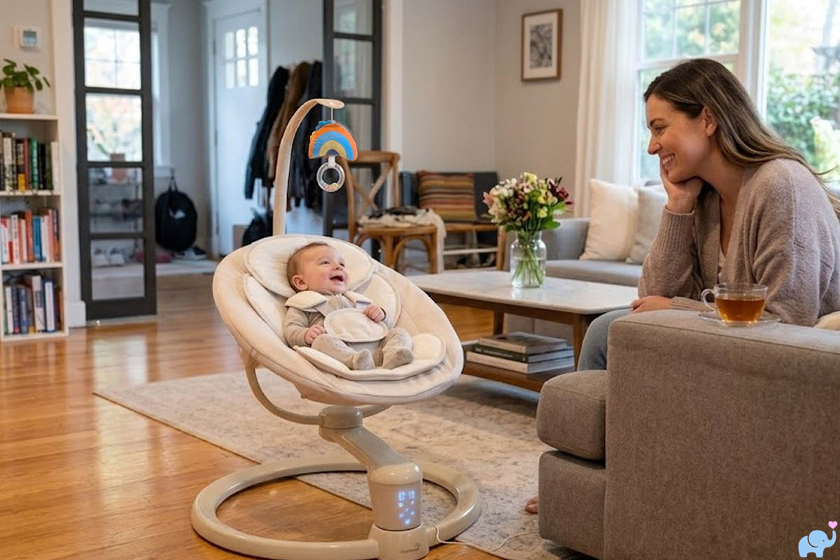 grownsy lullsway baby swing in living room with mom watching from couch
