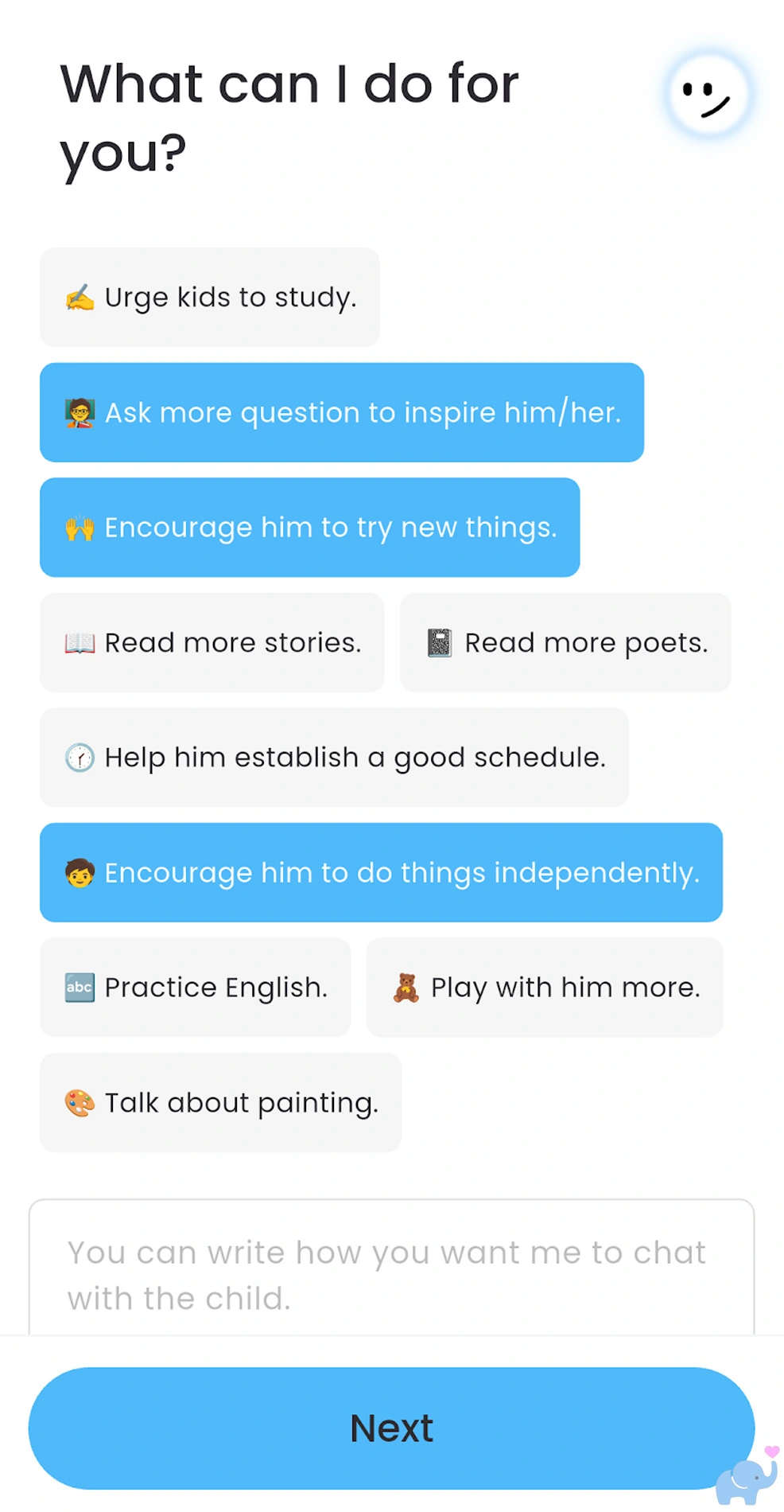 haivivi app behavior encouragement screen where parents can choose behaviors for bubblepal to encourage in their child