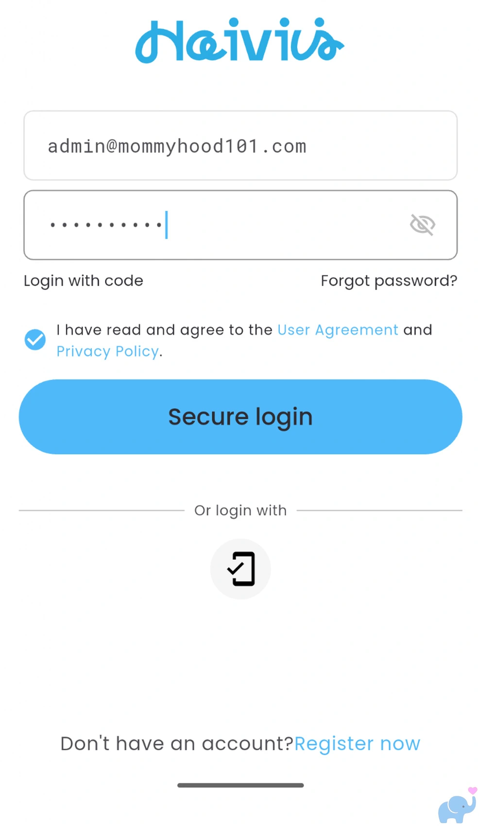 haivivi app login screen where parents register for an account or log into an existing account