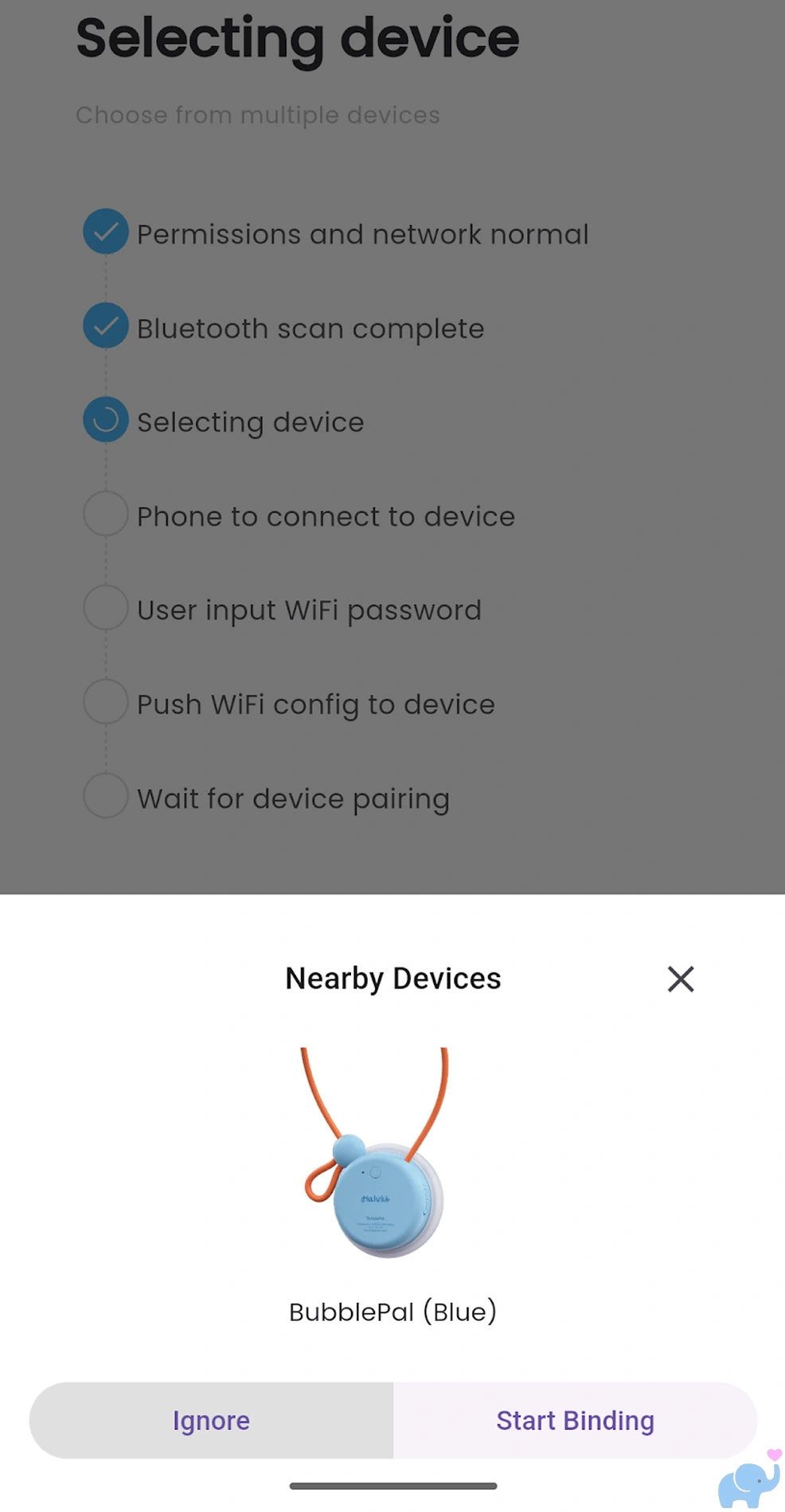 haivivi app showing bubblepal pairing process with auto detected device ready to connect