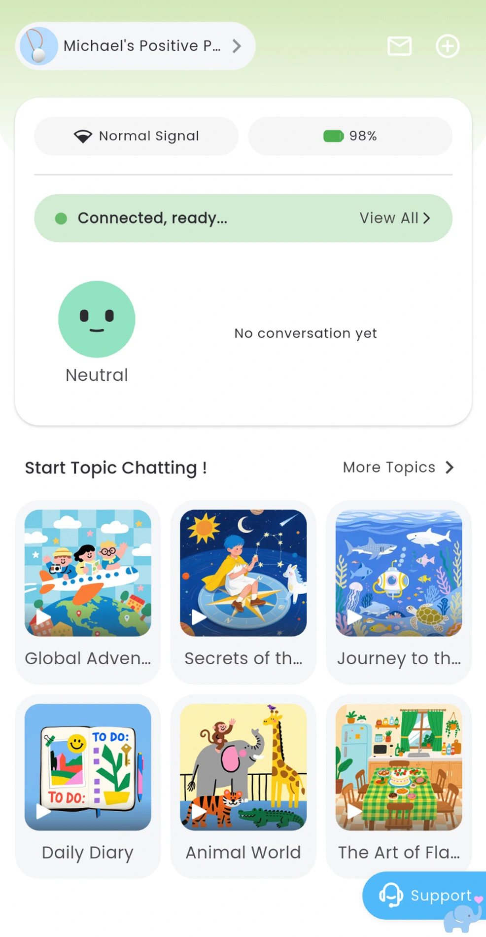 haivivi app topic selection screen with conversation topics such as global adventures daily diary and animal world