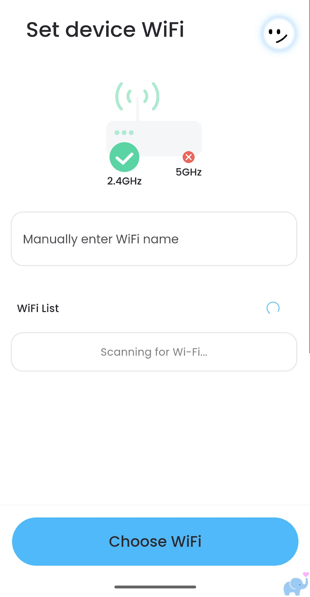 haivivi app wifi setup screen showing bubblepal supports 2.4ghz wifi but not 5ghz wifi