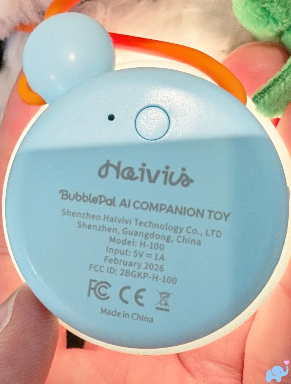 back label of haivivi bubblepal ai companion toy showing manufacturer model input and fcc id information