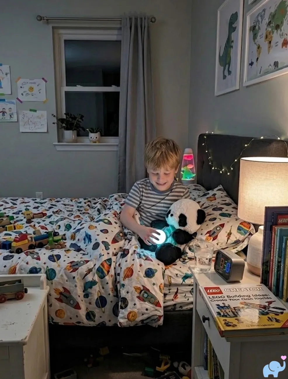 child at bedtime interacting with haivivi bubblepal positive panda ai companion toy
