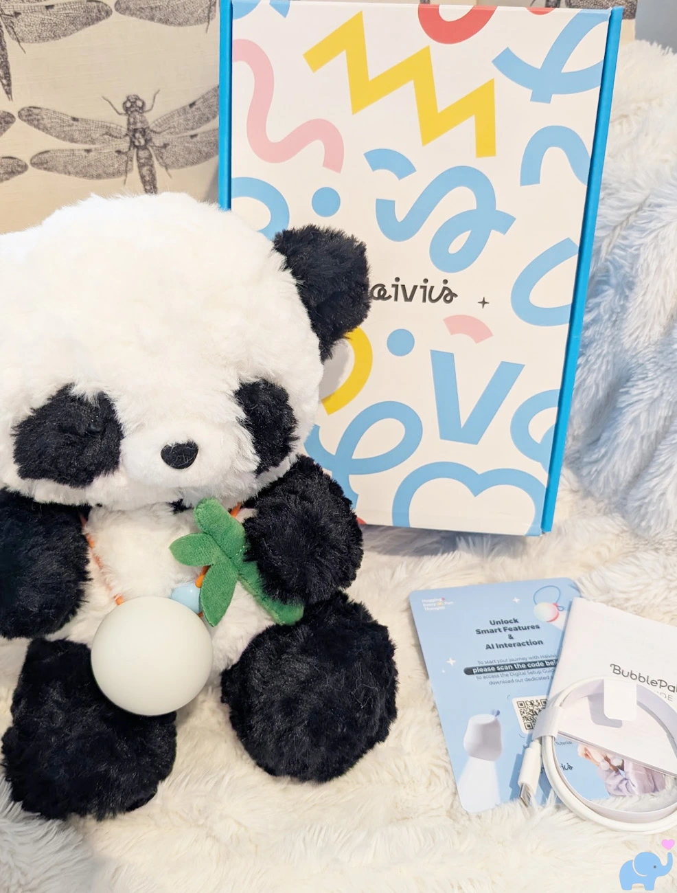 haivivi bubblepal unboxed with positive panda stuffed animal manual charging cord quick start guide and box