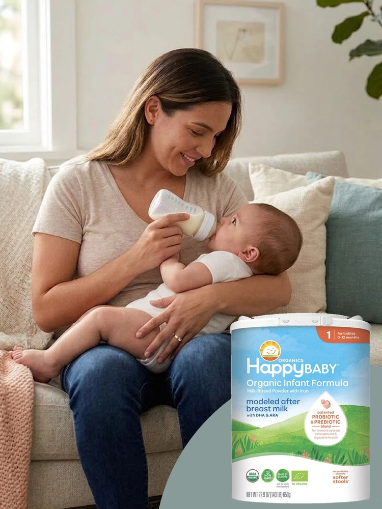 a tub of happy baby organic infant formula with mom bottle feeding a baby in a nursery chair