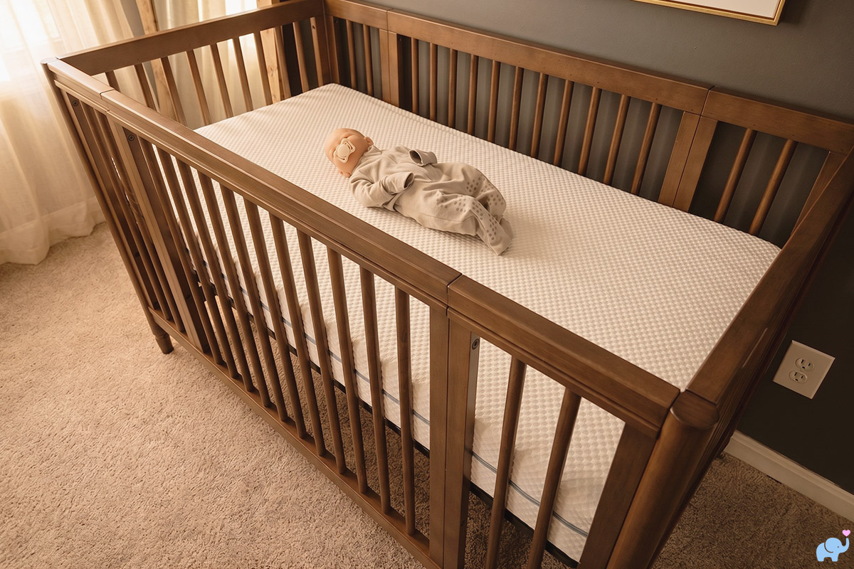 a baby sleeping on the helix crib mattress while its being reviewed