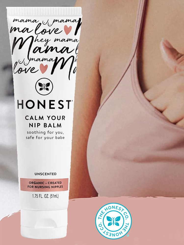 a mother rubbing honest company calm your nip balm onto her breast