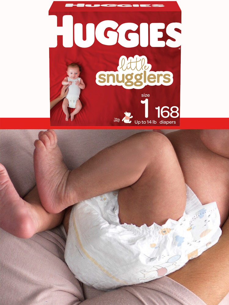 a baby wearing a huggies liggle snugglers diaper