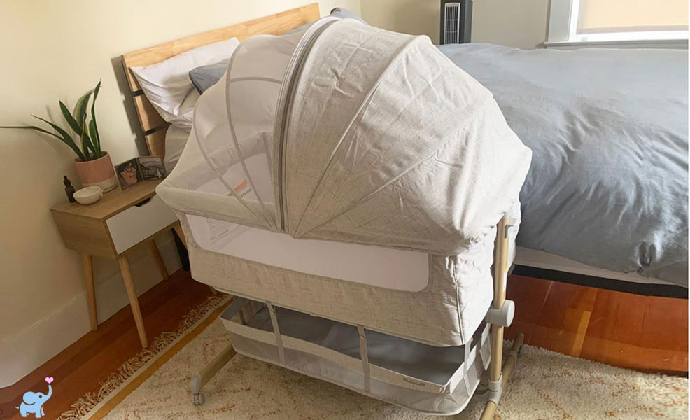 bedroom with the besrey bassinet next to a bed