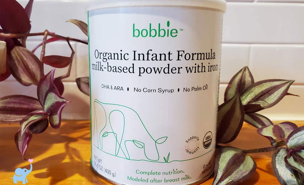 a can of bobbie formula on a kitchen counter