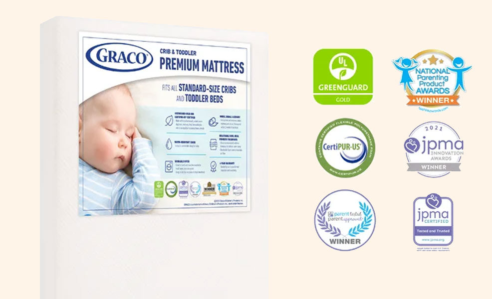 a picture of the graco premium foam crib mattress and some features