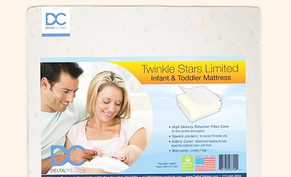 a close-up view of the label on the delta twinkle stars crib mattress