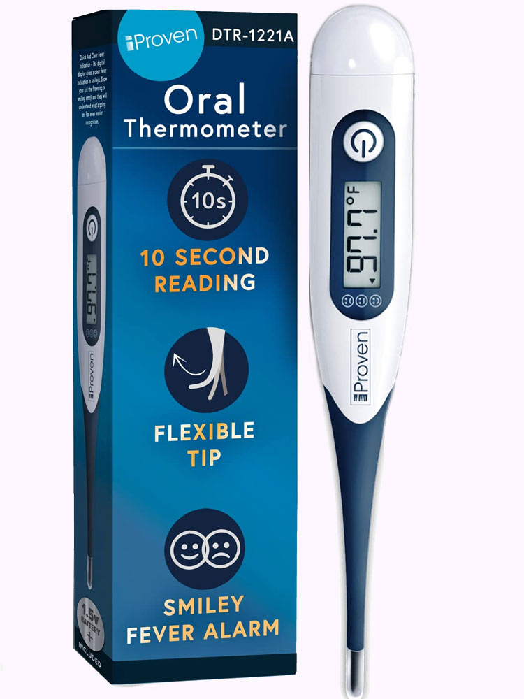 the iproven oral thermometer and box listing primary features