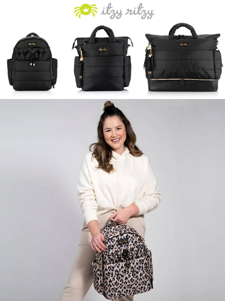 three versions of the itzy ritzy dream diaper bags and a woman holding a dream diaper backpack