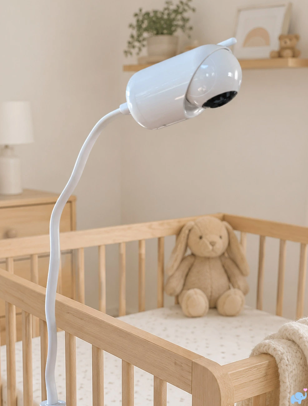 Jartoo JBM550 camera mounted near a crib using the included clamp and flexible arm
