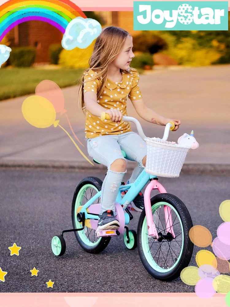 A young girl riding the JOYSTAR Macarons kids bike