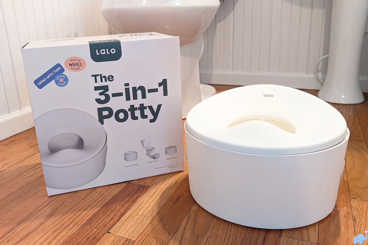 lalo potty review with potty and box in bathroom