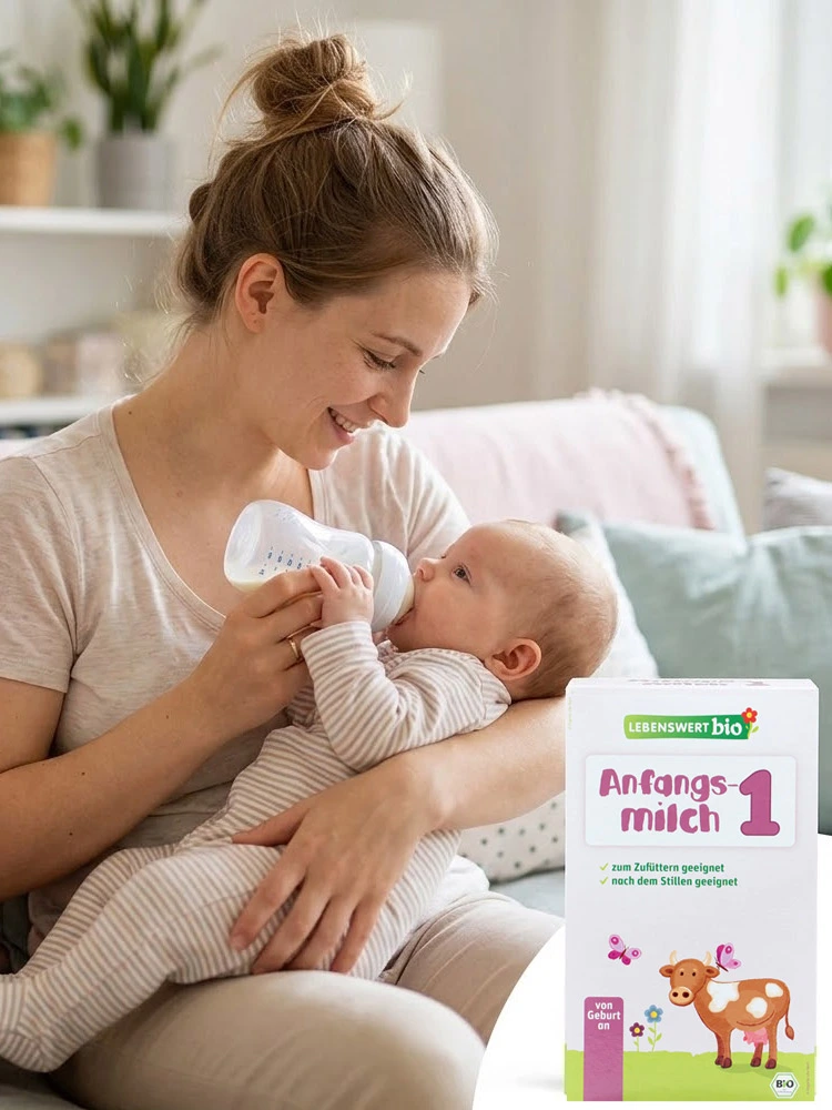 a box of lebenswert organic infant formula with mom bottle feeding a baby in a nursery chair in the background