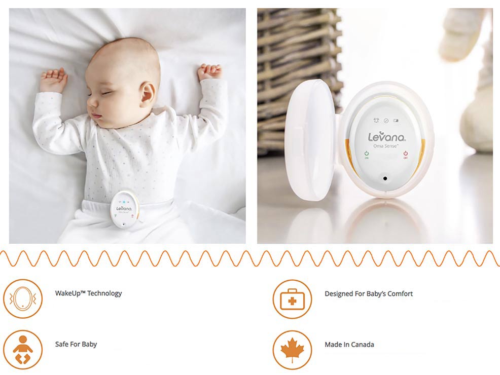 a baby sleeping with the levana oma sense baby breathing monitor alongside a list of features