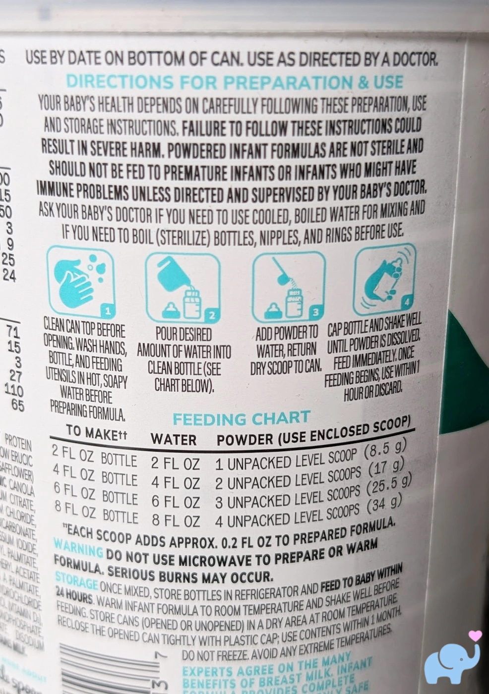 close-up of the preparation instructions label showing how much water and formula to use for 2, 4, 6, and 8 ounce bottles