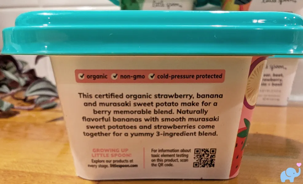 Little Spoon Babyblends back label with QR code organic non-gmo cold pressure protected