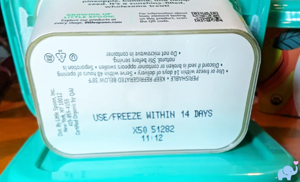 Little Spoon Babyblends bottom label showing use or freeze within 14 days BPA-free kosher organic certification