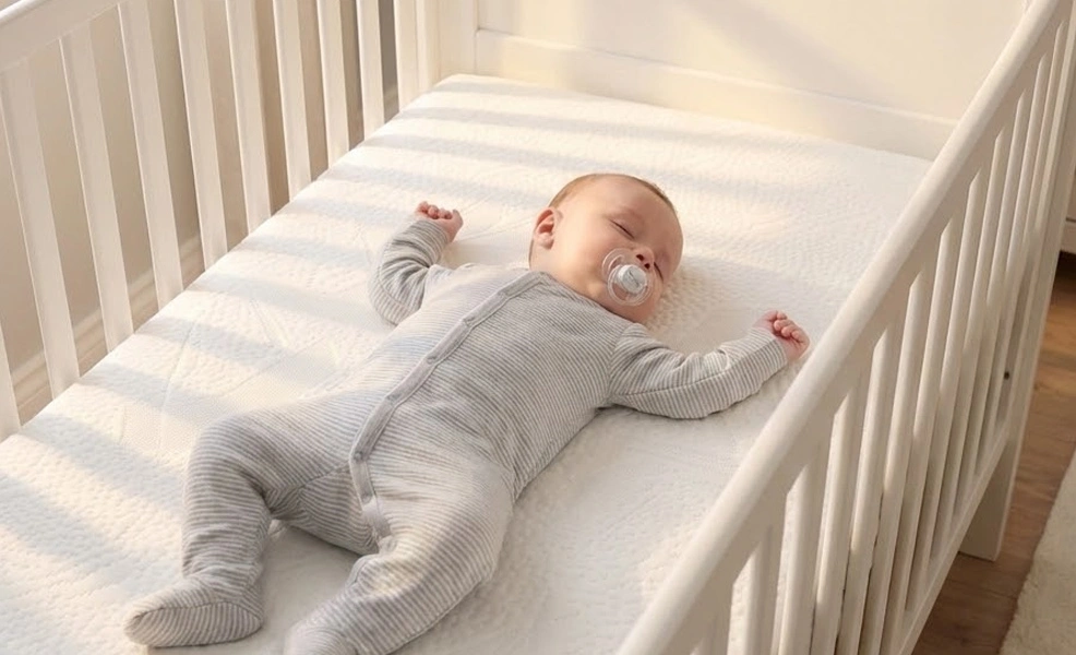 a baby sleeping in a crib on the love to dream gro crib mattress