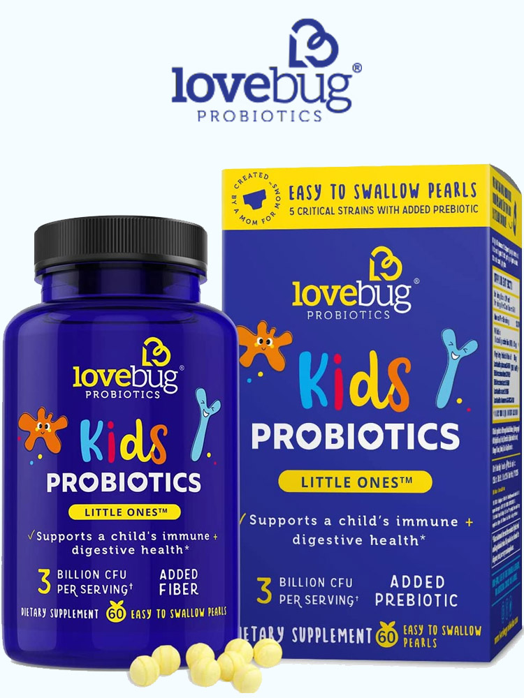 a bottle and box of the lovebug little ones kids probiotics