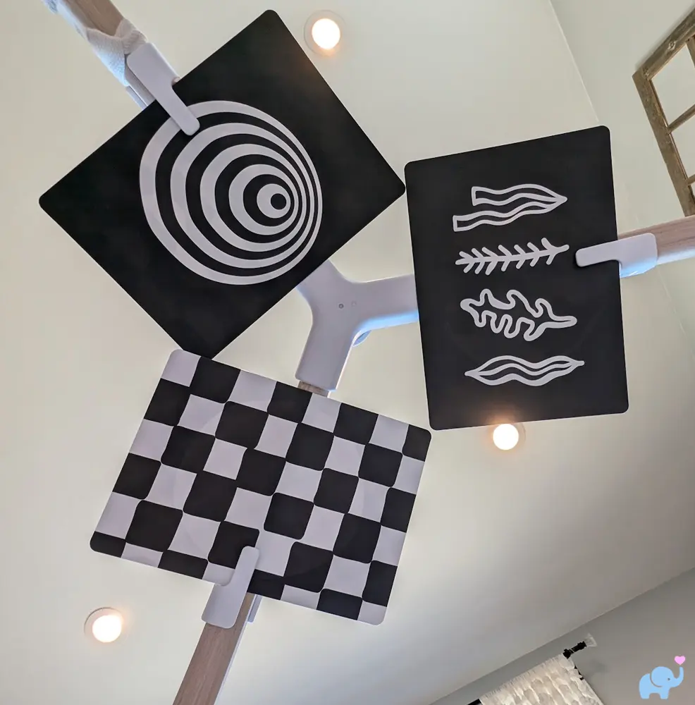 Lovevery Play Gym card clips showing included play cards attached to the arches