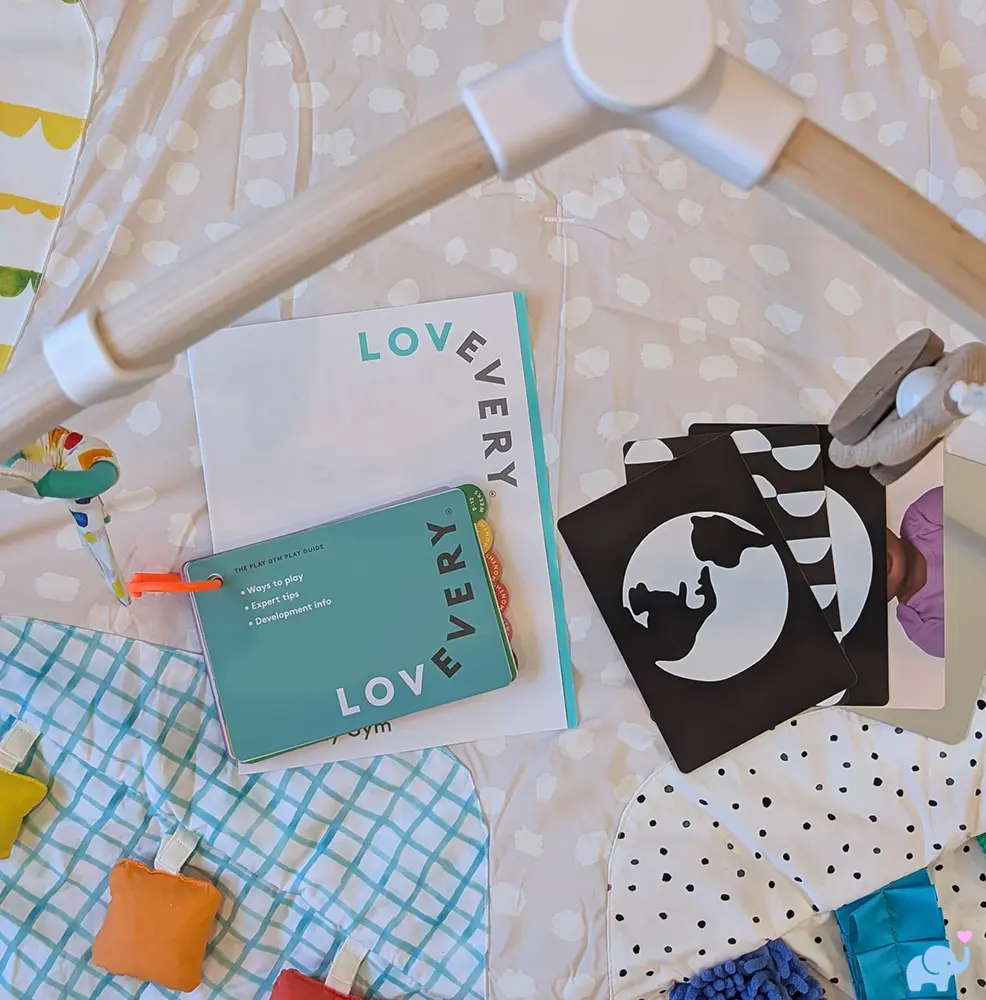 Lovevery Play Gym manual with assembly guide, developmental play guide, and included play cards
