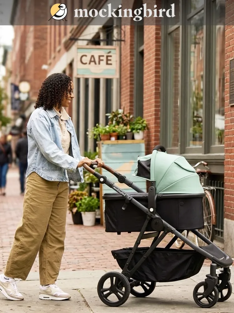 a mom pushing a baby in the mockingbird 3.0 stroller with bassinet attachment on a city sidewalk