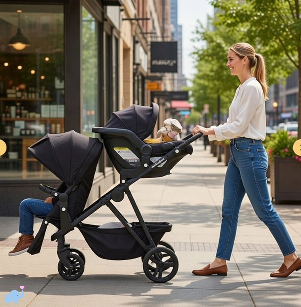 mom pushing the mockingbird 3.0 stroller in town