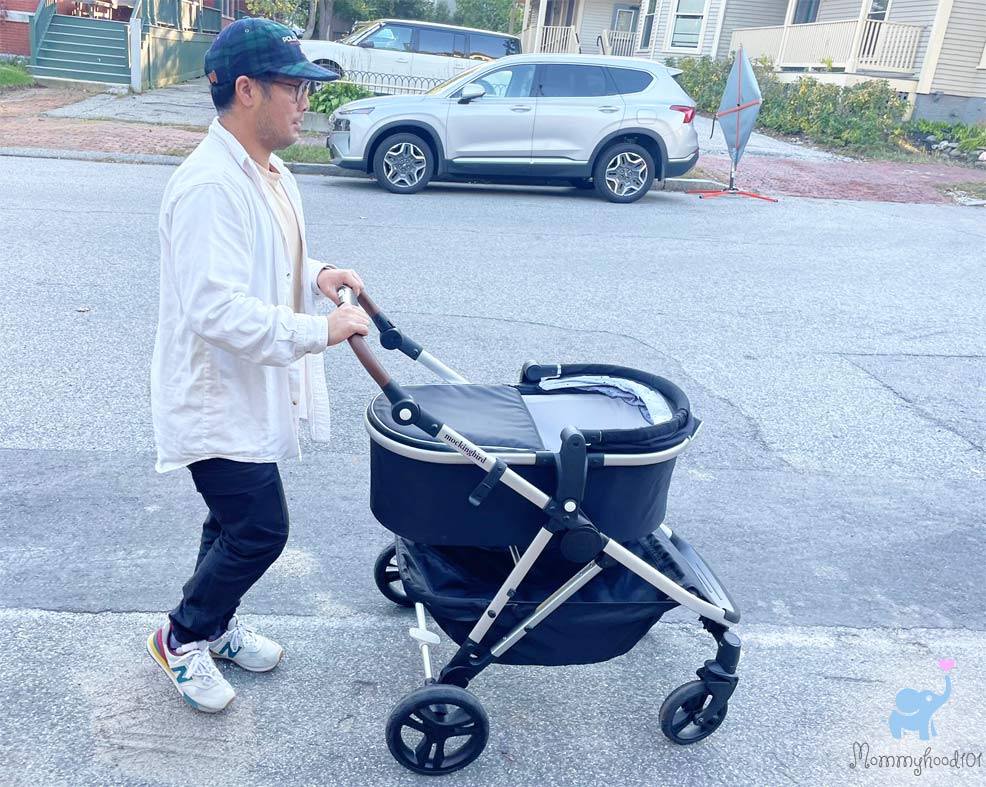 a father pushing the mockingbird stroller with bassinet attachment