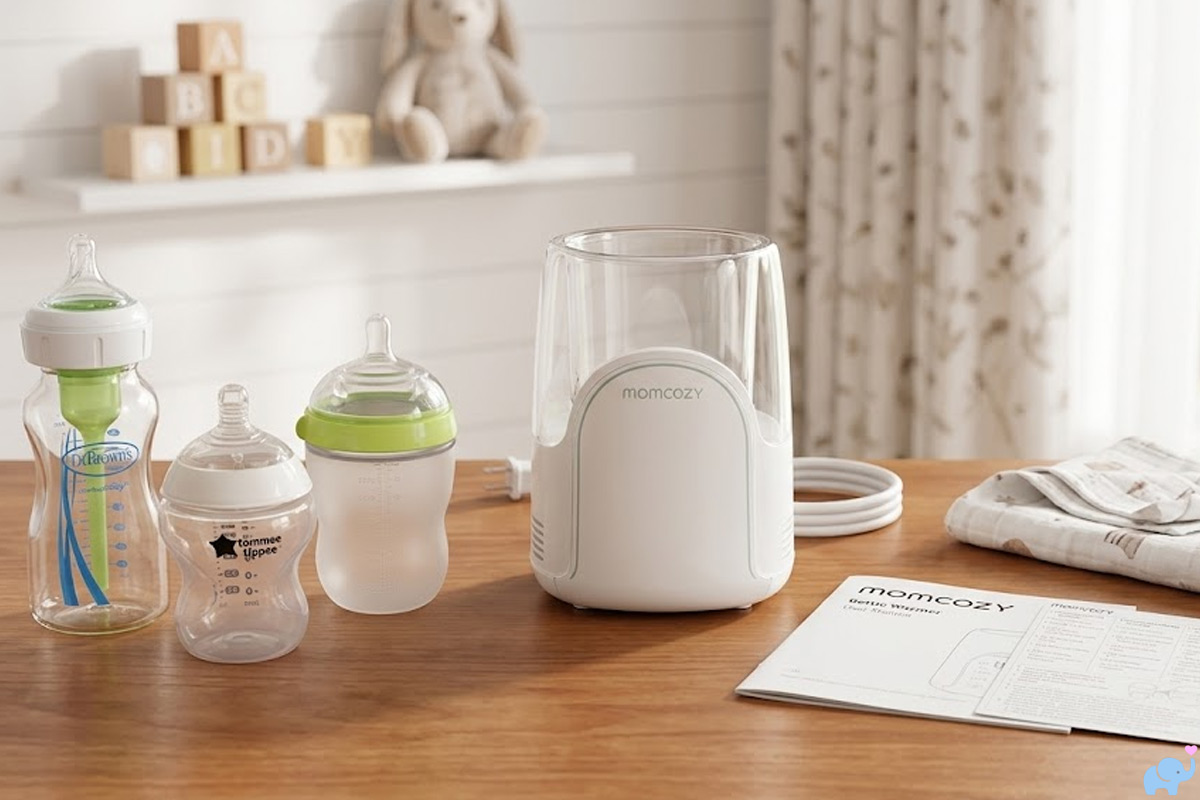 momcozy bottle warmer review on kitchen counter with baby bottles